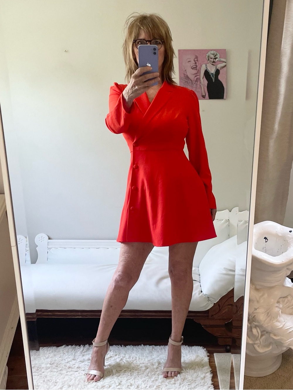 CHARLOTTE RUSSE LONG SLEEVE ORANGE TUXEDO WRAP DRESS BUTTON FRONT FIT FLARE